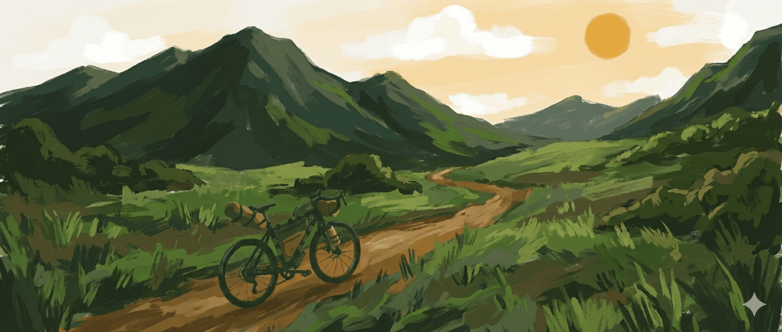 Gravel bikepacker riding through alpine mountain pass